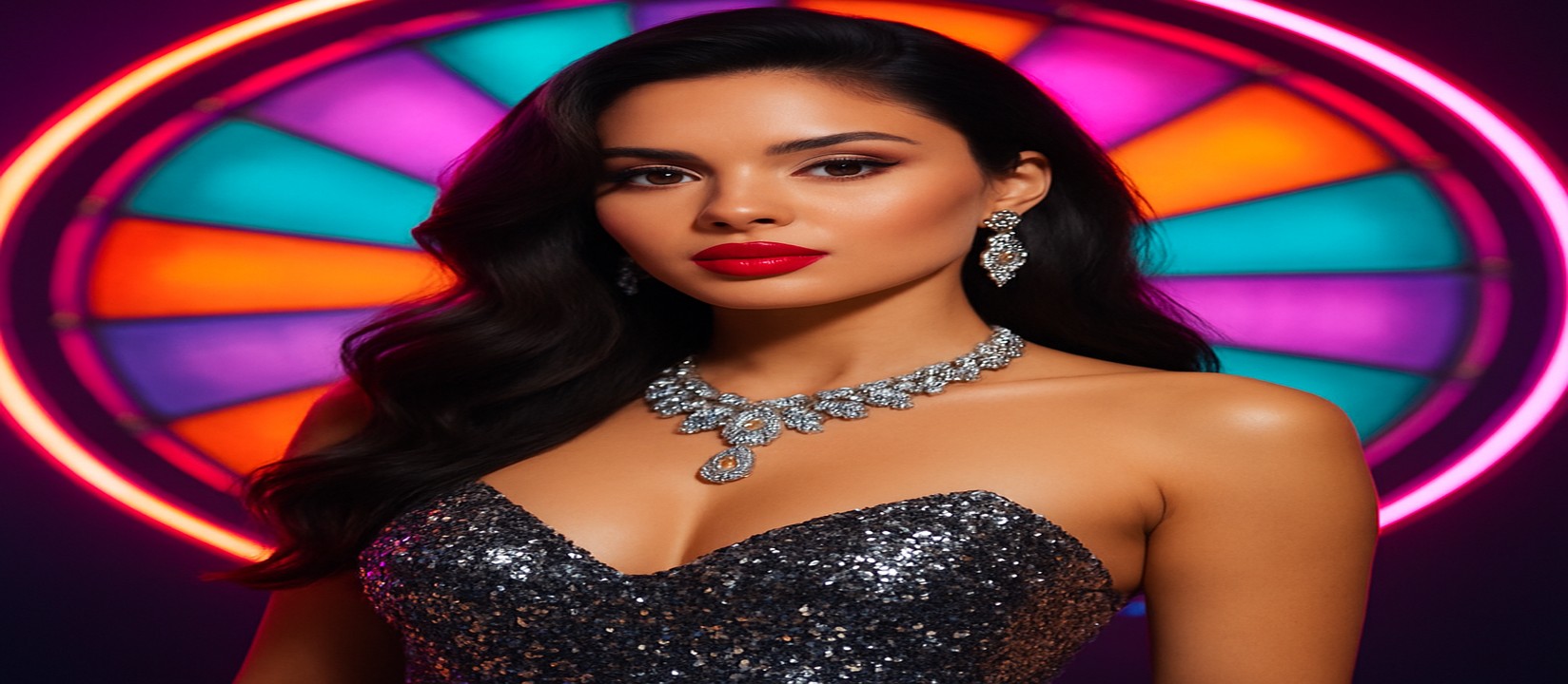 রঙিন 7u7 গেমিং প্ল্যাটফর্মের সামনে উজ্জ্বল পোশাকে একজন নারী